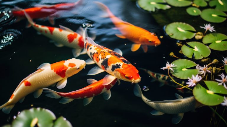 Koi fish gracefully navigate a peaceful garden pond.